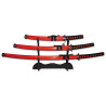 3  SAMURAI SWORD SET WITH DISPLAY STAND RED