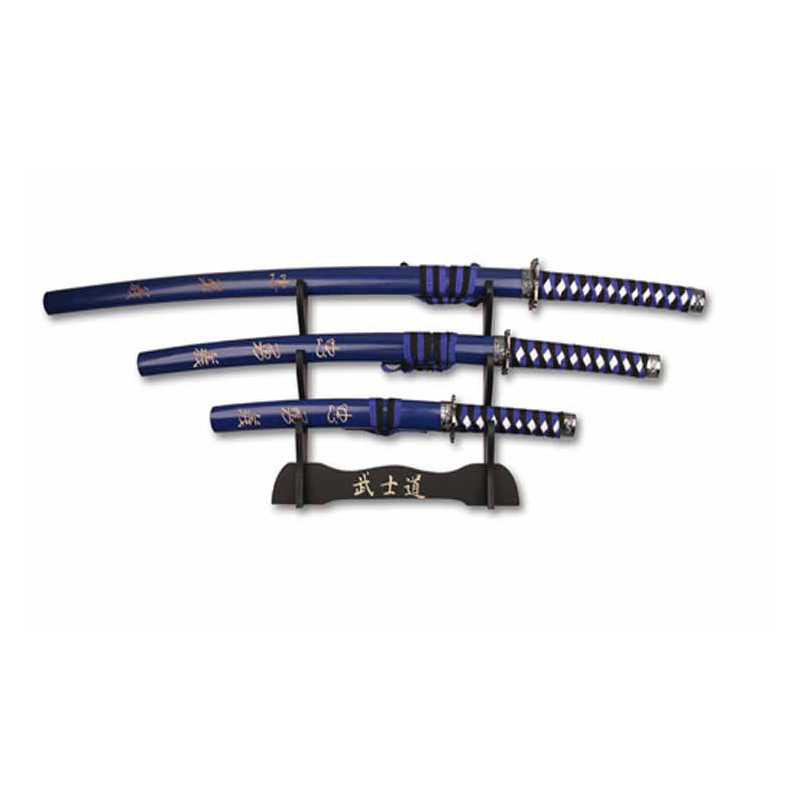 3 SAMURAI SWORD SET WITH DISPLAY STAND BLUE