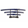3 SAMURAI SWORD SET WITH DISPLAY STAND BLUE