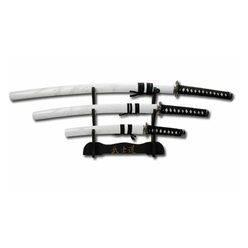3 SAMURAI SWORD SET WITH DISPLAY STAND WHITE