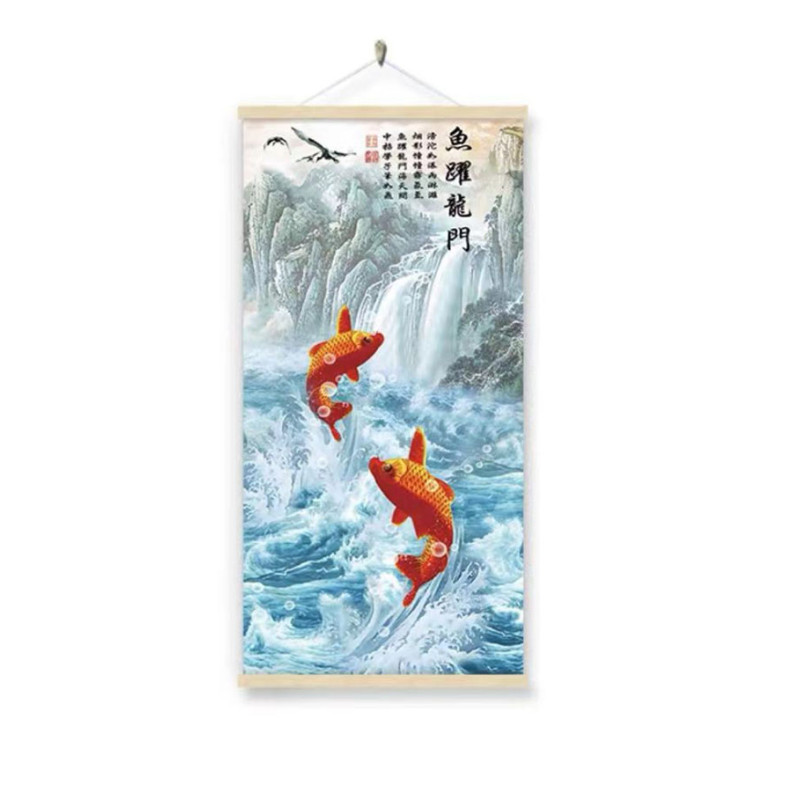 WALL SCROLL TWO FISHES LEAPING OVER THE DRAGON GATE 17.7"x12"